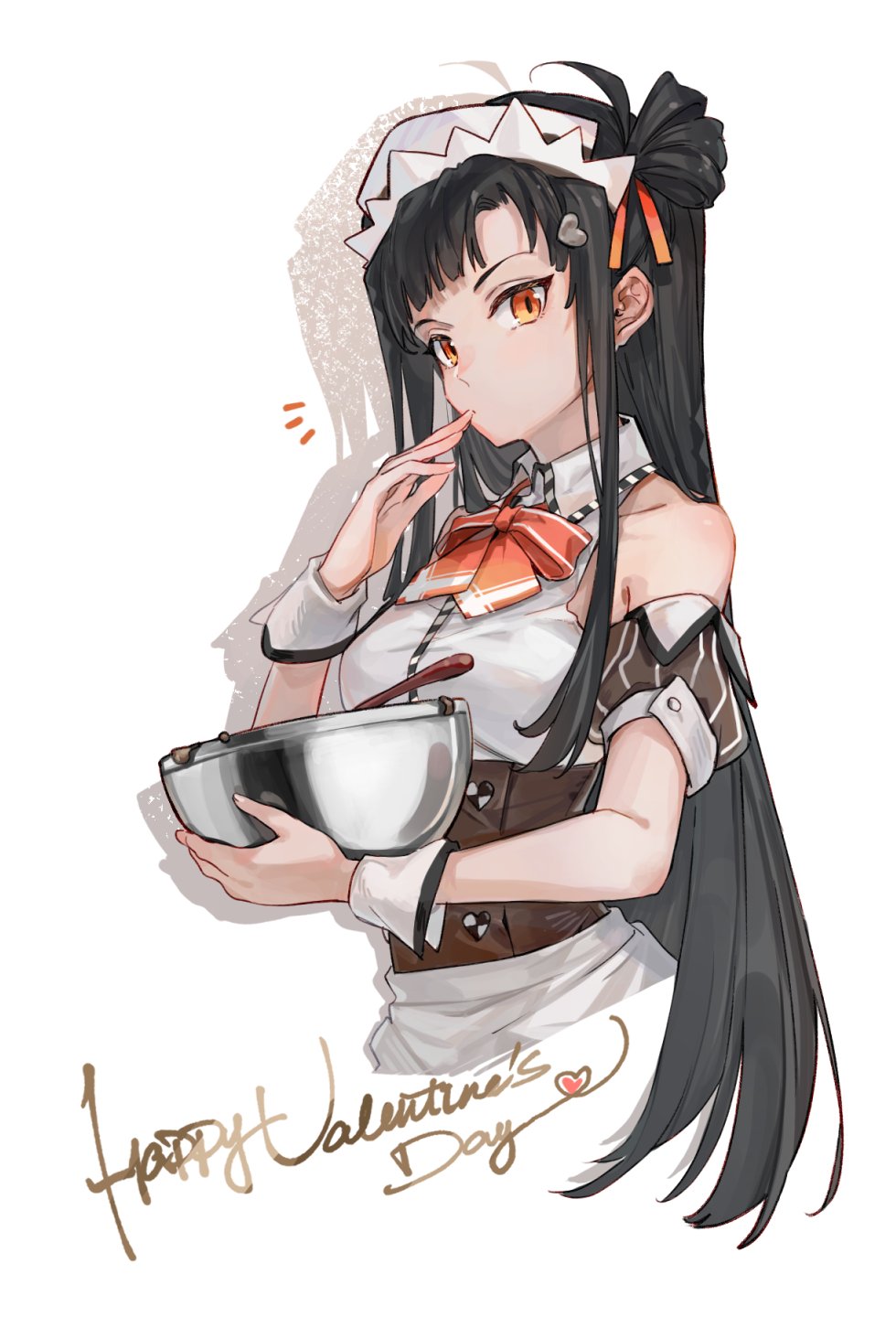 1girl alternate_costume bangs black_hair bow bowtie breasts closed_mouth cropped_legs english_text enmaided eyebrows_visible_through_hair finger_to_mouth girls_frontline hair_ornament hairclip happy_valentine highres holding long_hair looking_at_viewer maid maid_headdress medium_breasts orange_bow orange_bowtie orange_eyes qbz-191_(girls'_frontline) shuzi side_ponytail solo standing valentine white_background