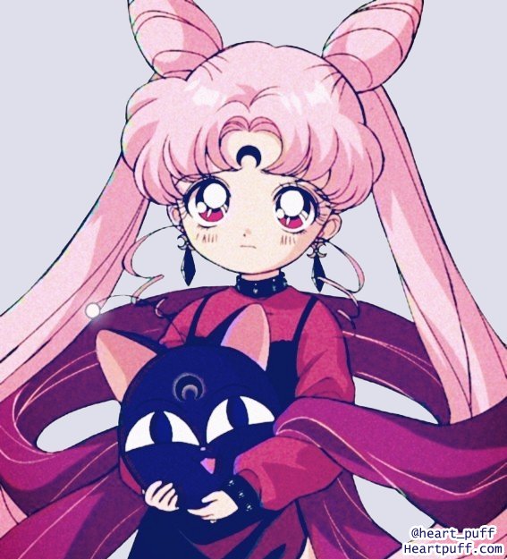 1990s_(style) 1girl bishoujo_senshi_sailor_moon black_dress black_lady bow chibi_usa child crescent_moon diana_(sailor_moon) dress earrings facial_mark forehead_mark jewelry long_hair long_sleeves looking_at_viewer moon pale_skin pikiru pink_hair red_eyes red_shirt retro_artstyle shirt solo twintails