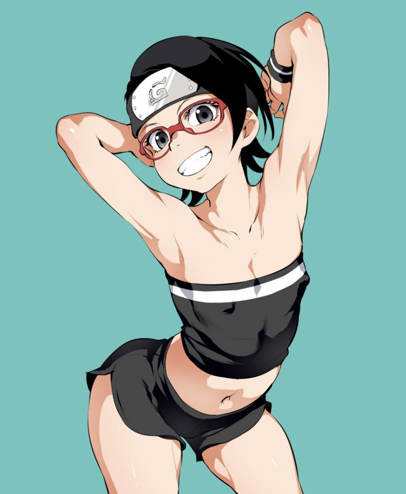 1girl alternate_costume aqua_background armpits artist_request bandeau bare_shoulders black_bandeau black_eyes black_hair black_shorts boruto:_naruto_next_generations boruto:_naruto_the_movie breasts check_artist covered_nipples eyelashes funnyari glasses happy headband looking_at_viewer midriff naruto_(series) navel short_hair short_shorts shorts simple_background small_breasts smile solo source_request standing striped striped_bandeau teeth uchiha_sarada white_bandeau wristband