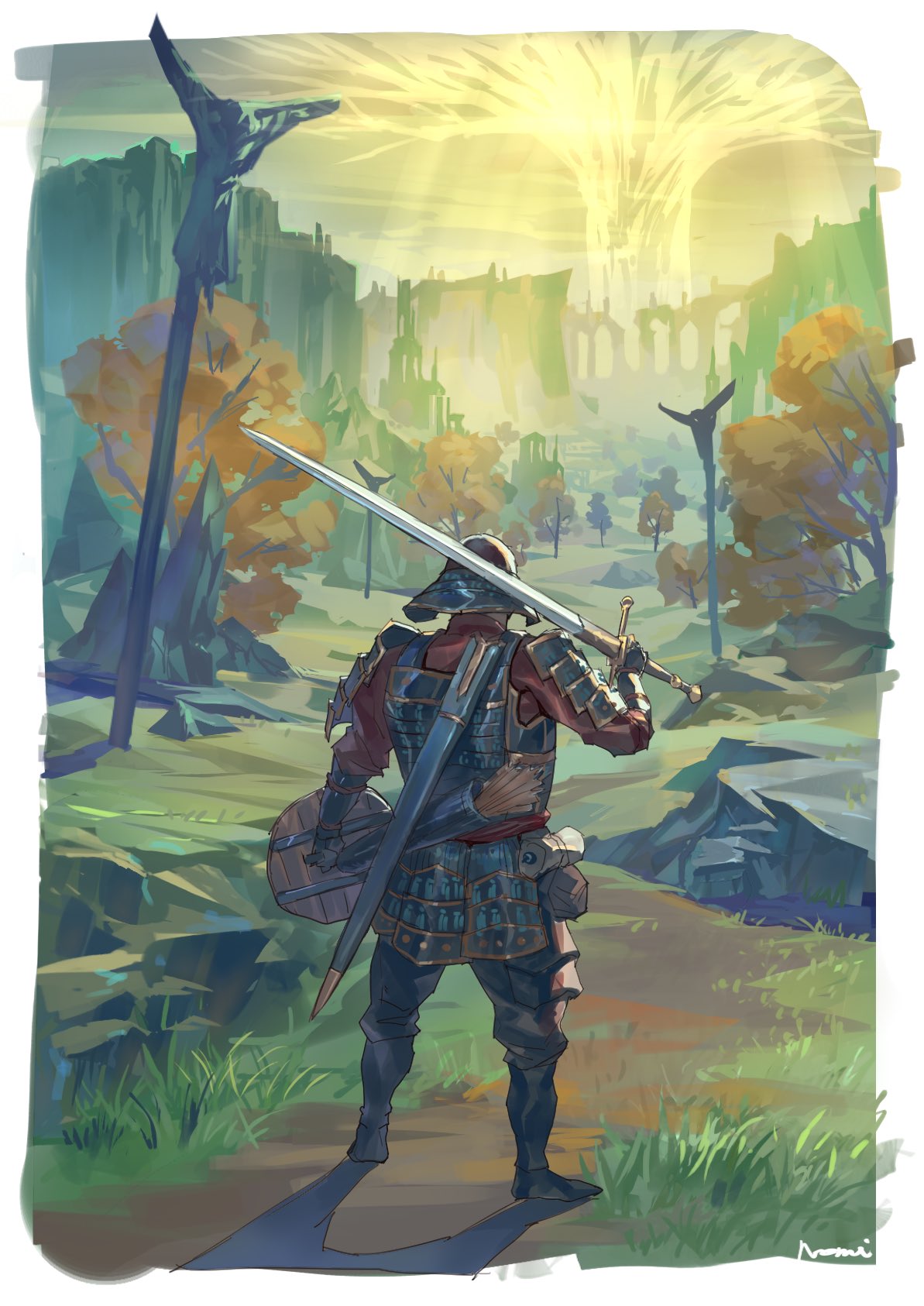 1other ambiguous_gender armor border commentary elden_ring from_behind full_armor full_body grass helmet highres holding holding_shield holding_sword holding_weapon japanese_armor outdoors over_shoulder quiver sheath shield signature standing sword sword_over_shoulder takahito tarnished_(elden_ring) tree unsheathed weapon weapon_over_shoulder white_border wooden_shield