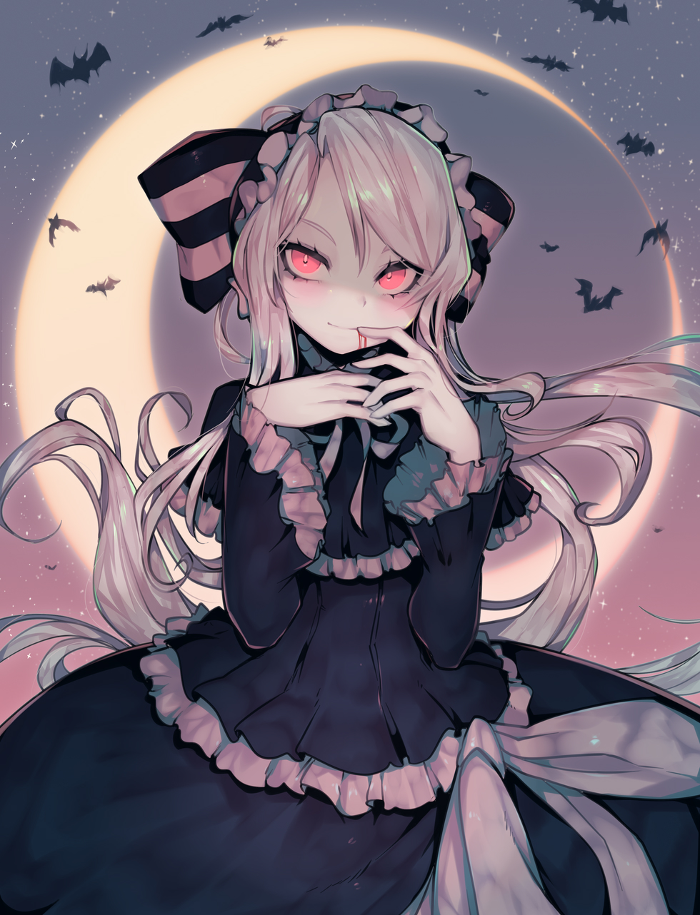 1girl bat blood blood_in_mouth bonnet bow crescent_moon dress frilled_dress frills gothic_lolita highres lolita_fashion moon overlord_(maruyama) pale_skin parororo red_eyes revision shalltear_bloodfallen silver_hair solo striped striped_bow undead vampire