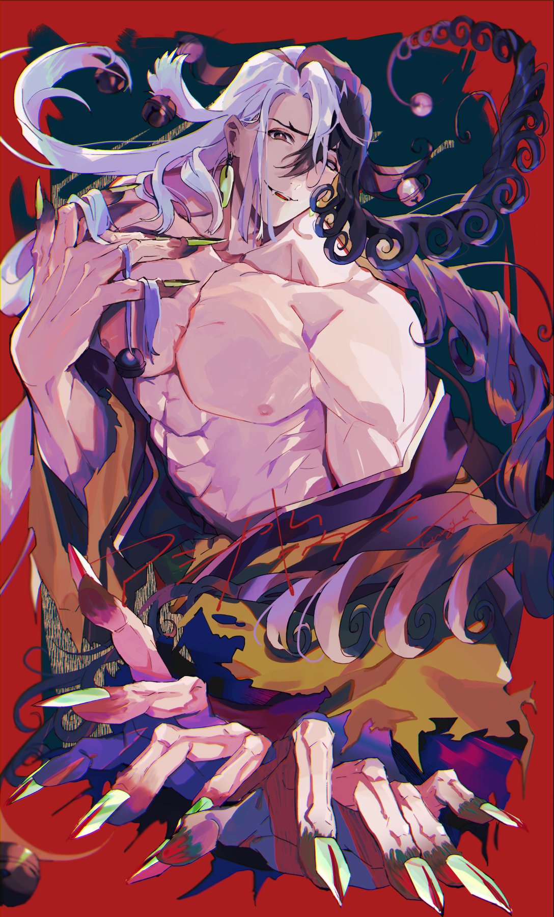 1boy abs ashiya_douman_(fate) asymmetrical_clothes asymmetrical_hair bangs bell black_eyes black_hair commentary commentary_request curly_hair earrings eyeshadow fangs fate/grand_order fate_(series) fingernails green_eyeshadow green_kimono green_lips green_nails hadanugi_dousa hair_bell hair_between_eyes hair_intakes hair_ornament hand_on_own_chest highres japanese_clothes jewelry kimono long_hair looking_at_viewer magatama magatama_earrings makeup male_focus mkk4qdyeqnnlp0t multicolored_hair nipples onmyouji open_clothes open_kimono pectorals red_eyes ribbed_sleeves sharp_fingernails smile solo toned toned_male traditional_clothes two-tone_hair upper_body very_long_fingernails very_long_hair white_hair wide_sleeves