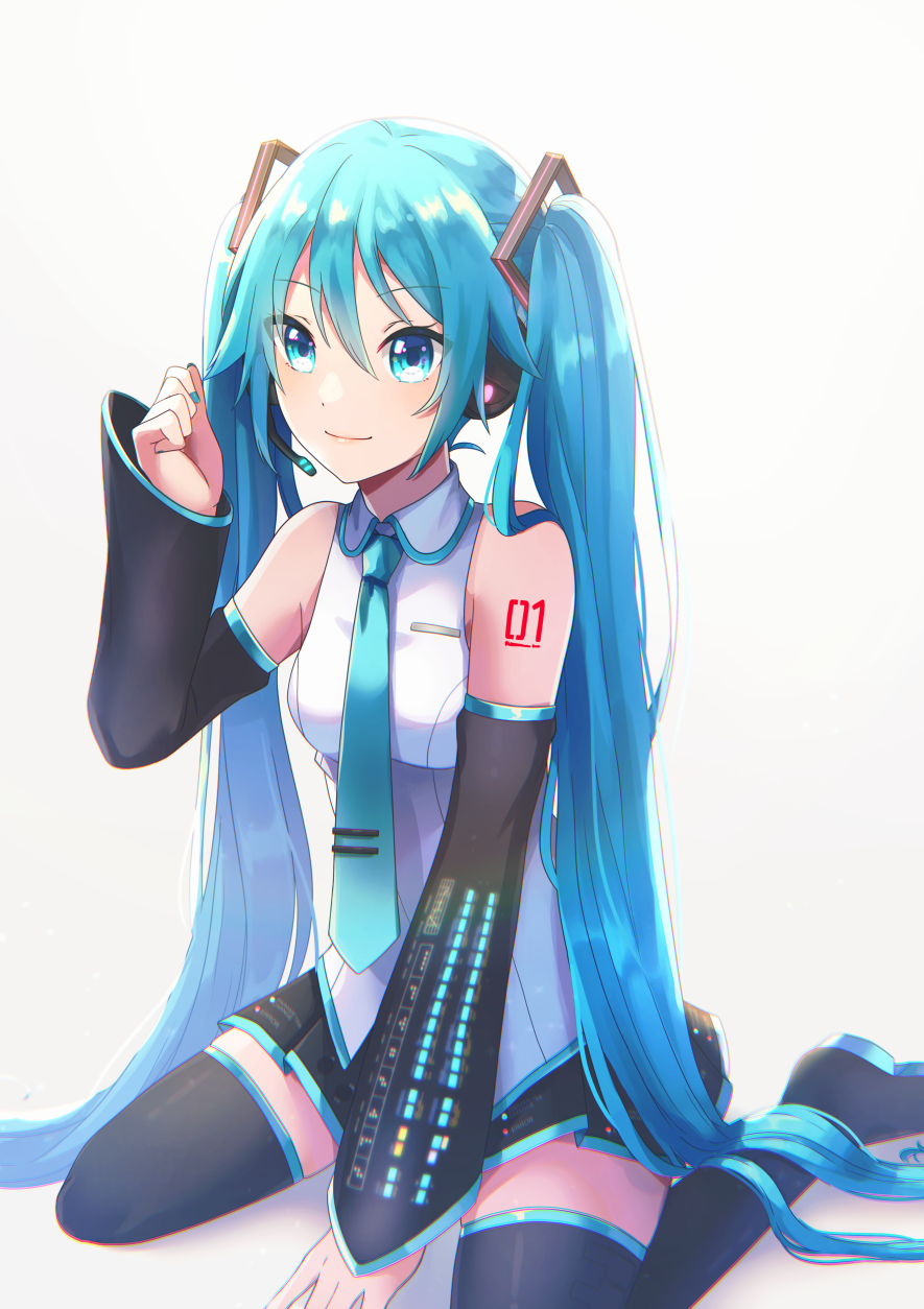 1girl absurdly_long_hair bangs between_legs black_footwear black_skirt black_sleeves blue_eyes blue_hair blue_nails blue_necktie boots breasts collared_shirt detached_sleeves eyebrows_visible_through_hair hair_between_eyes hand_between_legs hatsune_miku headphones headset highres long_hair long_sleeves medium_breasts microphone miniskirt nail_polish necktie pleated_skirt shiny shiny_hair shirt simple_background sitting skirt sleeveless sleeveless_shirt solo thigh-highs thigh_boots twintails very_long_hair vocaloid wariza white_background white_shirt wing_collar ymirai zettai_ryouiki