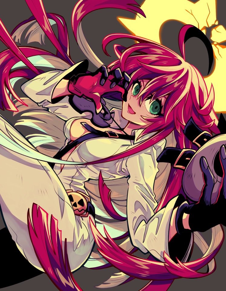 1girl artist_name bell-bottoms belt broken_halo center_opening claw_pose colored_inner_hair cross gloves green_eyes guilty_gear guilty_gear_strive halo jack-o'_valentine jumpsuit looking_at_viewer looking_back mako_gai mask multicolored_hair open_mouth redhead simple_background skin_tight solo two-tone_hair white_background white_hair white_jumpsuit