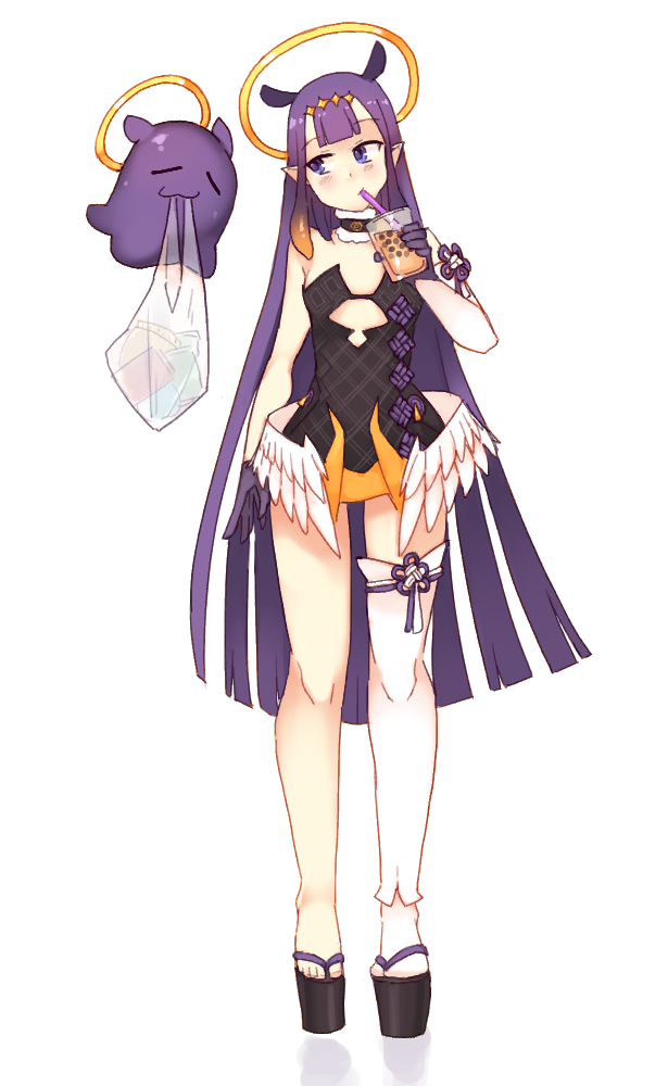 1girl asymmetrical_clothes bag bangs black_footwear blue_eyes blunt_bangs bubble_tea drinking_straw_in_mouth full_body halo hime_cut hololive hololive_english long_hair looking_to_the_side low_wings ninomae_ina'nis plastic_bag platform_footwear pointy_ears purple_hair rtil simple_background single_pantsleg solo standing tako_(ninomae_ina'nis) very_long_hair virtual_youtuber white_background white_wings wings