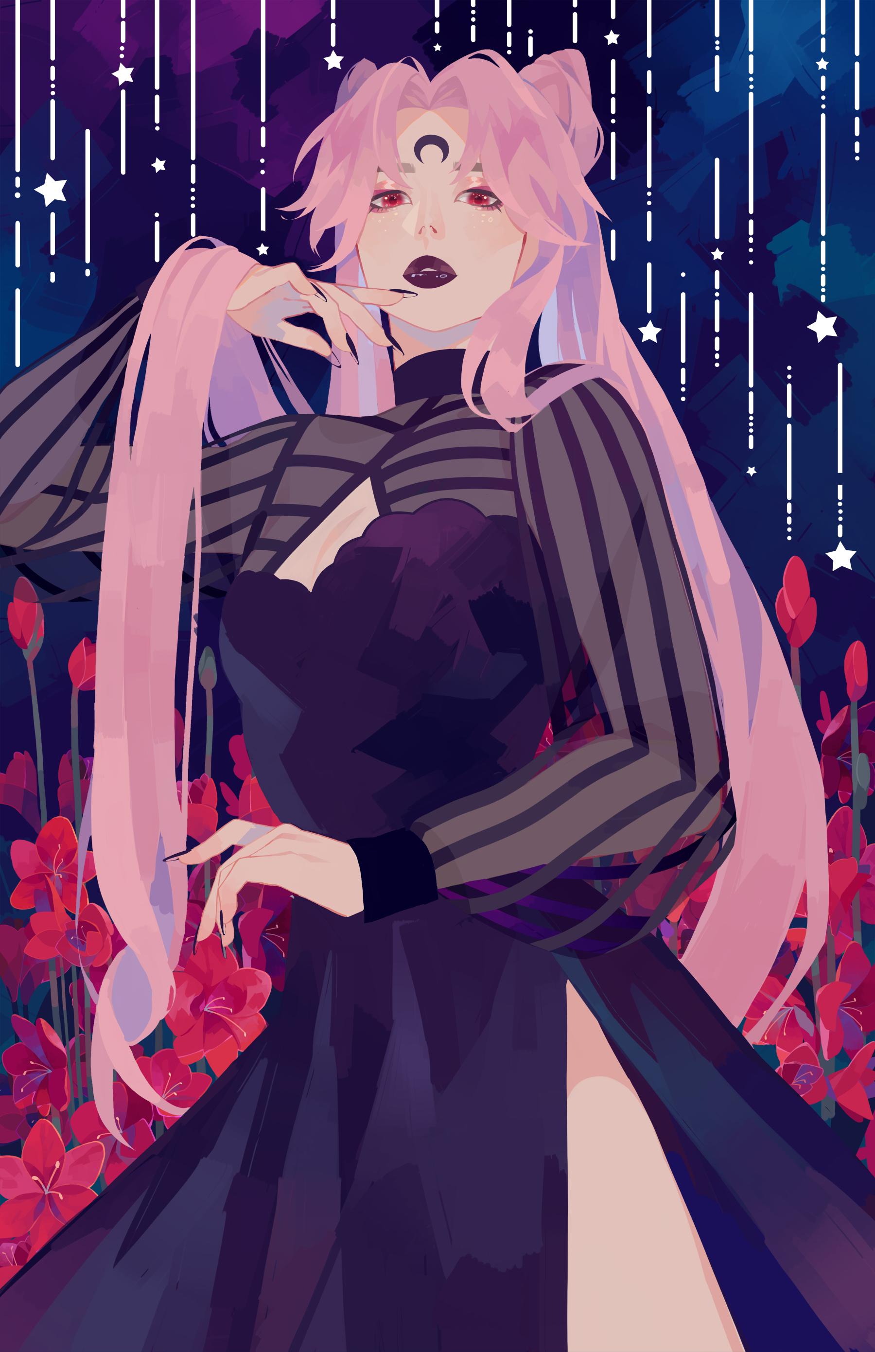 1girl absurdres bishoujo_senshi_sailor_moon black_dress black_lady blue_background chibi_usa crescent crescent_moon dress facial_mark flower forehead_mark highres long_sleeves looking_at_viewer moon nail_polish pale_skin pink_hair red_eyes red_flower solo star_(symbol) vonnabeee