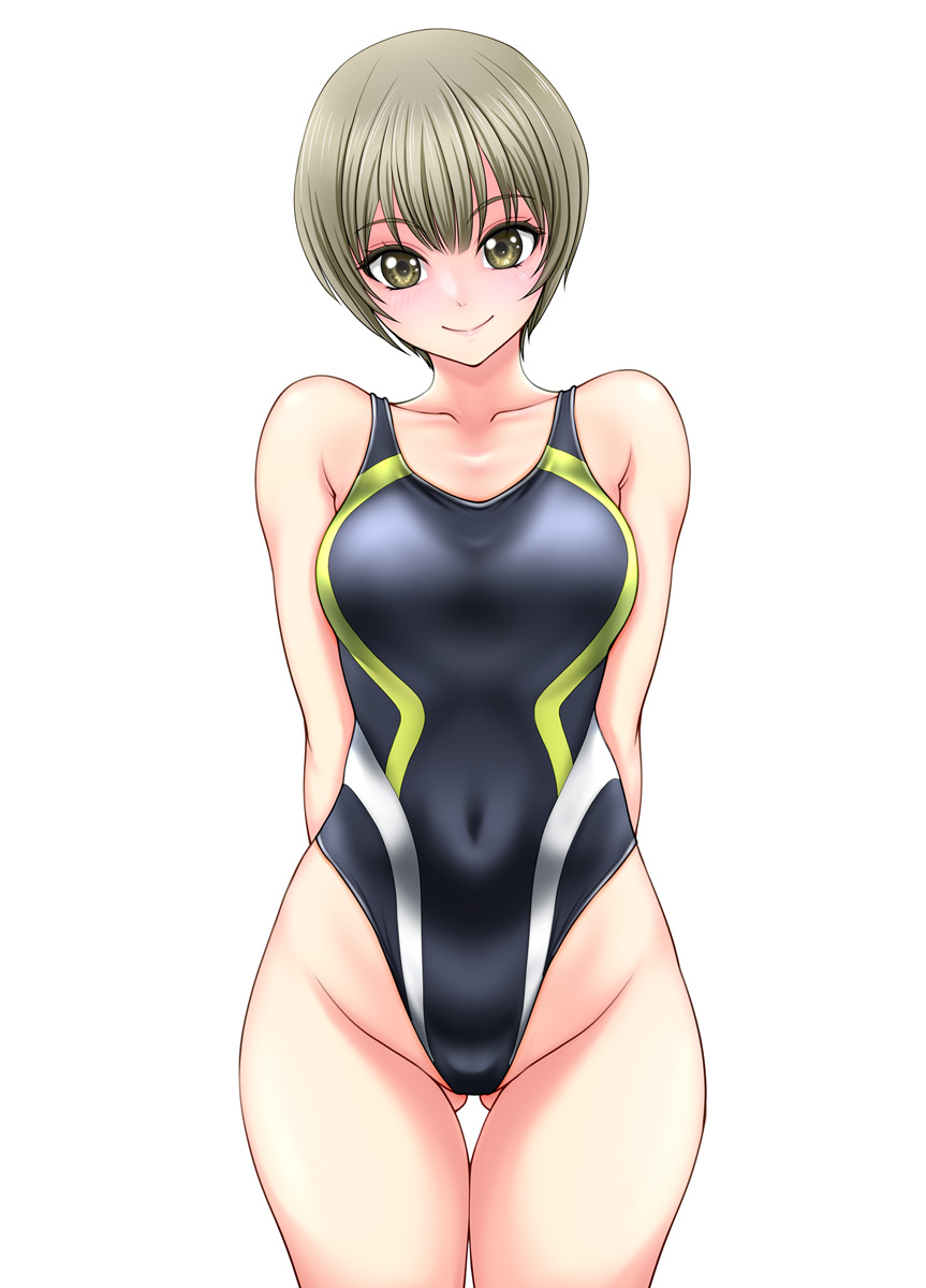 1girl akebi-chan_no_serafuku arms_behind_back ass_visible_through_thighs brown_eyes competition_swimsuit covered_navel grey_hair groin highleg highleg_swimsuit highres looking_at_viewer minakami_riri multicolored_clothes multicolored_swimsuit one-piece_swimsuit osuzu_akiomi short_hair simple_background solo swimsuit white_background