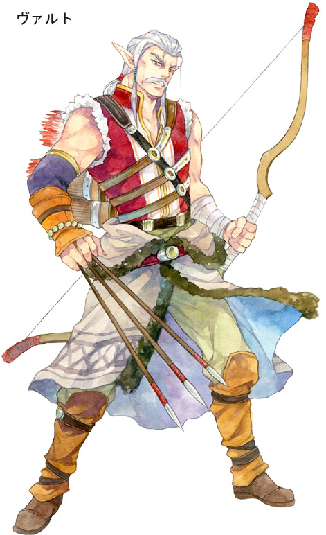 1boy agahari arm_guards arm_wrap arrow_(projectile) bangs bare_shoulders bead_bracelet beads belt between_fingers boots bow_(weapon) bracelet elbow_sleeve elf facial_hair full_body grin hair_pulled_back holding holding_arrow holding_bow_(weapon) holding_weapon jewelry knee_boots legs_apart long_hair looking_at_viewer lost_technology low_ponytail male_focus mustache non-web_source old old_man orange_legwear pants pointy_ears ponytail quiver sarong sidelocks simple_background sleeveless smile solo standing torn_clothes torn_sleeves weapon white_background white_hair