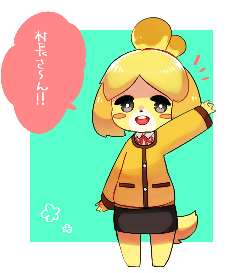 1girl animal_crossing animal_ears animal_nose aqua_background arm_up bangs barefoot black_eyes black_skirt blonde_hair blush_stickers body_fur border bright_pupils buck_teeth buttons collared_shirt commentary_request dog_ears dog_girl dog_tail flat_chest full_body furry furry_female happy isabelle_(animal_crossing) jacket kureson_(hayama_baa) looking_at_viewer miniskirt neck_ribbon notice_lines open_mouth outside_border outstretched_arm parted_bangs pencil_skirt pocket red_ribbon ribbon shiny shiny_hair shirt short_hair simple_background skirt smile solo speech_bubble standing tail talking teeth topknot translation_request two-tone_fur waving white_border white_fur white_pupils white_shirt yellow_fur yellow_jacket