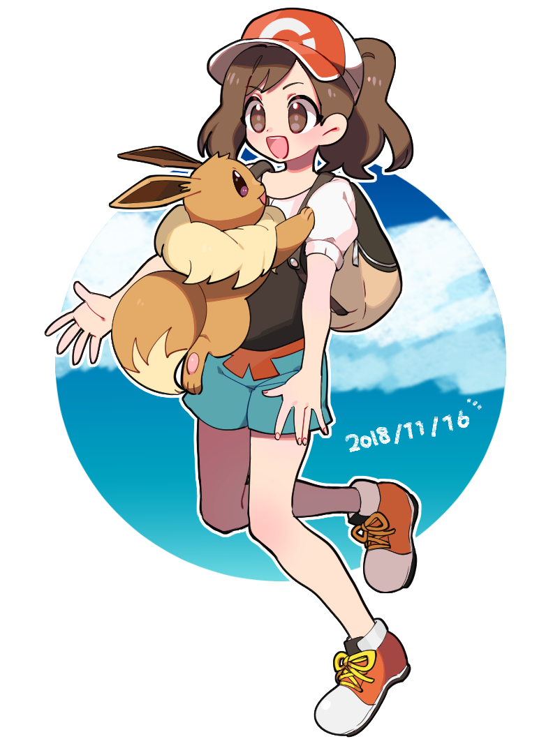 1girl aqua_shorts backpack bag bangs baseball_cap blue_background blue_sky blush brown_eyes brown_hair clouds commentary_request dated day eevee elaine_(pokemon) eye_contact eyebrows_visible_through_hair full_body fur_collar happy hat imminent_hug jumping kureson_(hayama_baa) leg_up looking_at_another looking_down looking_up medium_hair multicolored_shirt open_mouth outdoors outline outstretched_arms pawpads poke_ball_symbol poke_ball_theme pokemon pokemon_(creature) pokemon_(game) pokemon_lgpe ponytail puffy_short_sleeves puffy_sleeves red_footwear red_headwear shirt shoes short_shorts short_sleeves shorts sidelocks sky smile standing standing_on_one_leg teeth two-tone_background violet_eyes white_background white_outline