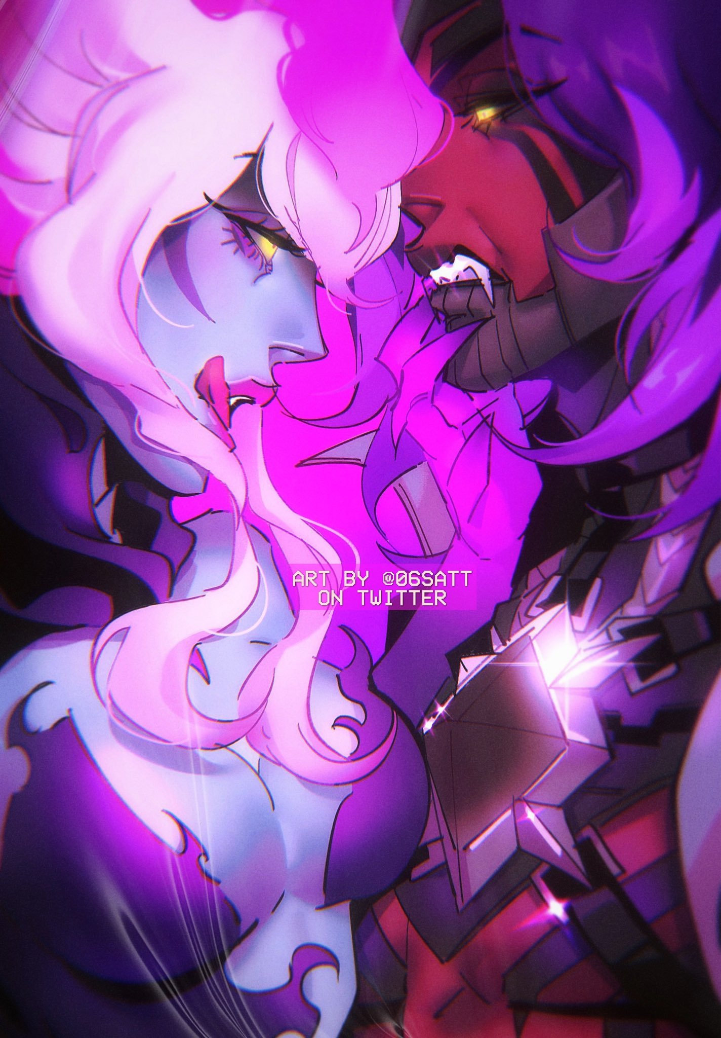 1boy 1girl alternate_costume alternate_skin_color artist_name bangs breasts colored_skin demon evelynn_(league_of_legends) fangs glowing glowing_eyes grey_hair hand_up highres large_breasts league_of_legends long_hair long_tongue looking_at_another pink_background pink_hair red_skin satt_(06satt) shiny smile teeth tongue tongue_out viego_(league_of_legends) yellow_eyes