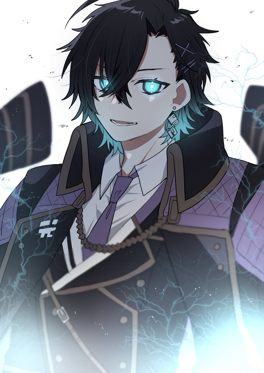1boy apex_legends black_hair blue_eyes blue_hair collared_shirt colored_tips earrings electricity fusion glowing glowing_eyes hair_behind_ear highres jacket jacket_on_shoulders jewelry male_focus mashiro_(rikuya) merise multicolored_hair necktie open_mouth purple_necktie shibuya_hal shirt smile solo upper_body virtual_youtuber white_background white_shirt wraith_(apex_legends)