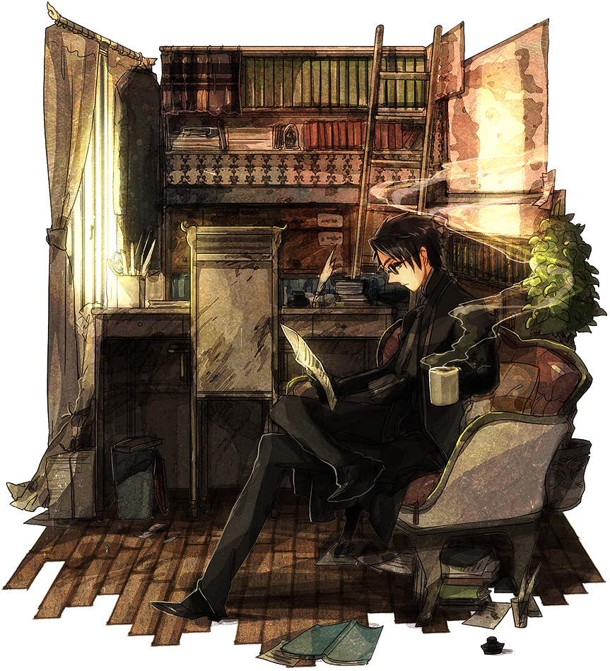 book chair crossed_legs cup glasses inkwell kunimitsu ladder male pixiv pixiv_fantasia pixiv_fantasia_4 quill reading sitting steam