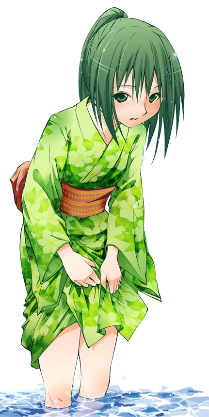 bangs flat_chest green_eyes green_hair japanese_clothes kimono kimono_lift leaning_forward legs looking_up obi original ponytail solo submerged wading water yukata