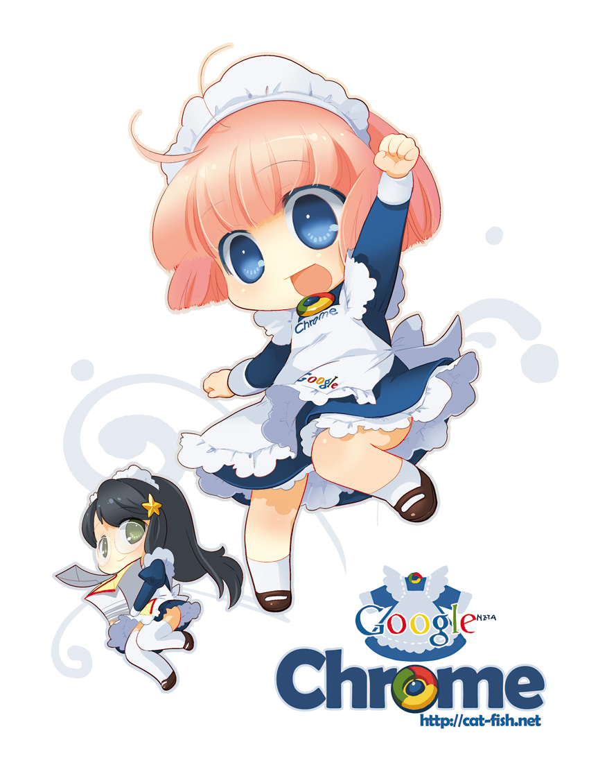 black_hair blue_eyes chibi chrome-tan glasses gmail gmail-tan google google_chrome long_hair maid maid_headdress multiple_girls neko_sakana personification pink_hair short_hair thigh-highs thighhighs white_legwear white_thighhighs