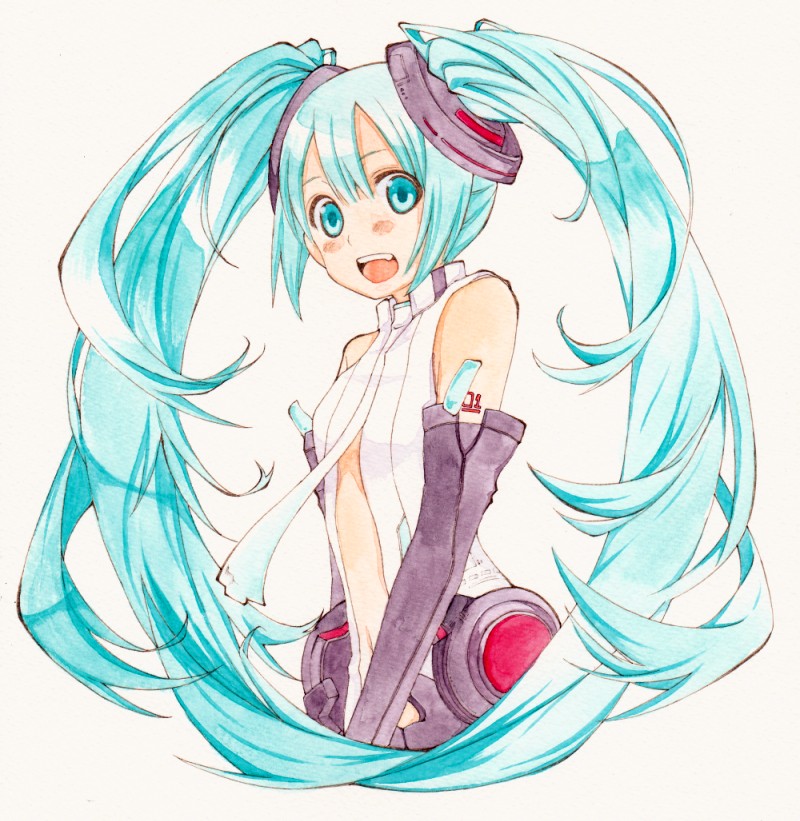 aqua_eyes aqua_hair bad_id belt elbow_gloves gloves hatsune_miku hatsune_miku_(append) long_hair miku_append navel necktie open_clothes open_shirt sama shirt simple_background smile solo traditional_media twintails very_long_hair vocaloid vocaloid_append