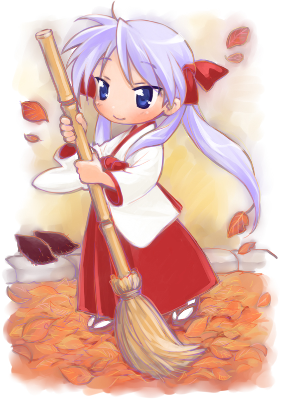 autumn blue_eyes broom food hiiragi_kagami japanese_clothes leaf long_hair lucky_star miko purple_hair sweet_potato twintails yam