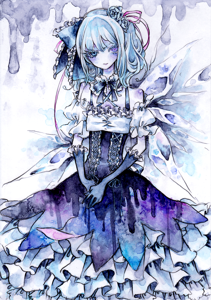 blue_eyes blue_hair bow cirno dress hair_bow miri short_hair solo touhou traditional_media wings