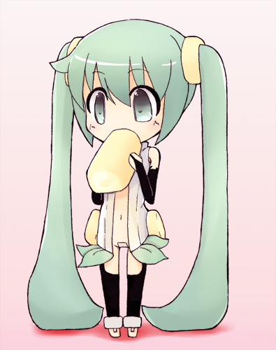 bridal_gauntlets cake chibi eating food green_eyes green_hair hatsune_miku hatsune_miku_(append) long_hair lowres maebari miku_append open_clothes open_shirt pon_(pixiv_61434) shirt solo thigh-highs thighhighs toeless_socks twintails very_long_hair vocaloid vocaloid_append