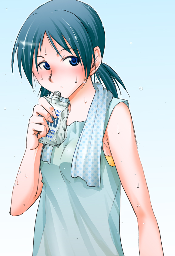 armpits bangs blue_eyes blue_hair blush drink exercise original parted_bangs short_twintails solo sweat tank_top towel twintails