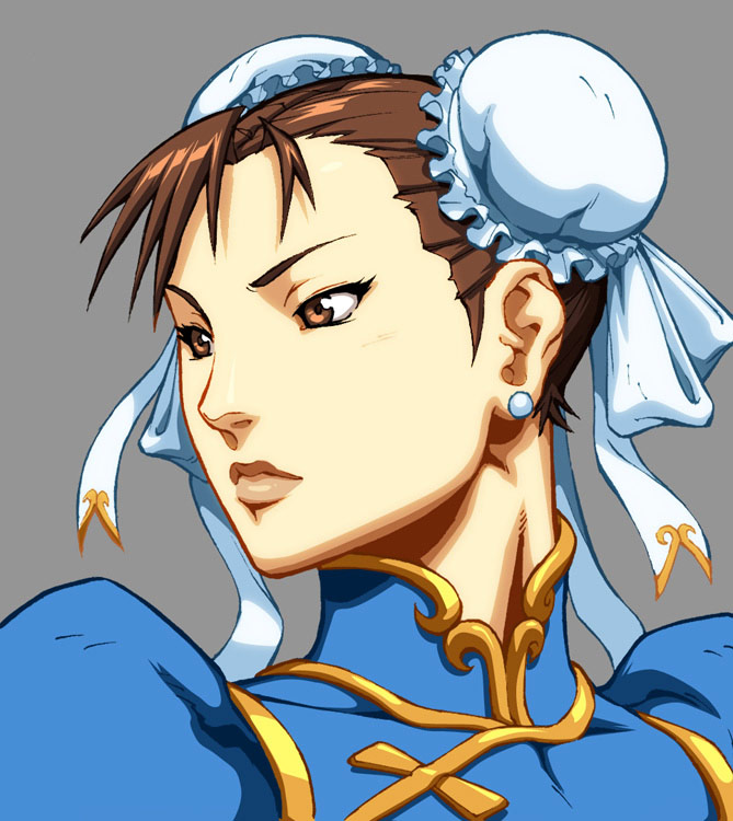 alvin_lee brown_hair bun_cover capcom chinese_clothes chun-li double_bun earrings jewelry lipstick official_art simple_background street_fighter street_fighter_ii super_street_fighter_ii_turbo_hd_remix udon_entertainment