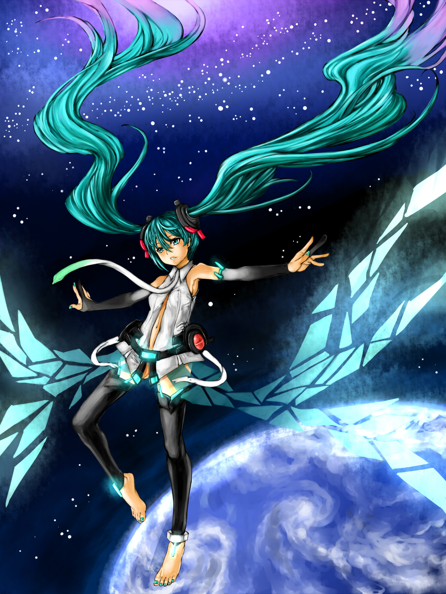 anklet anti-gravity aqua_eyes aqua_hair barefoot bridal_gauntlets earth eiji_(eiji) elbow_gloves feet fingerless_gloves floating gloves hatsune_miku hatsune_miku_(append) highres jewelry long_hair miku_append navel necktie solo space thigh-highs thighhighs toeless_socks twintails very_long_hair vocaloid vocaloid_append zettai_ryouiki