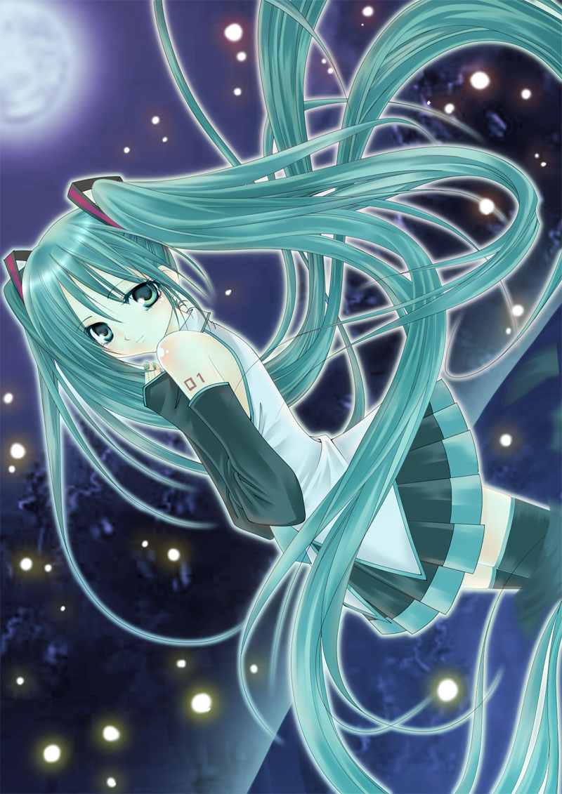 aqua_hair bad_id detached_sleeves dutch_angle hand_on_chest hand_on_own_chest hatsune_miku long_hair moon night skirt thigh-highs thighhighs twintails very_long_hair vocaloid water yurina