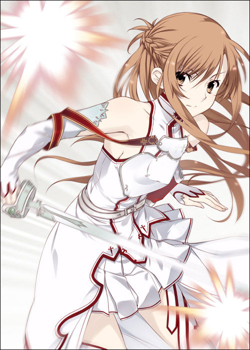 artist_request brown_hair cross detached_sleeves long_hair mizuki_makoto skirt solo source_request sword sword_art_online thigh-highs thighhighs weapon yuuki_asuna