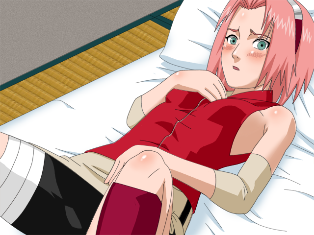 bed blush forehead_protector game_cg green_eyes haruno_sakura lying maten naruto on_back pillow pink_hair