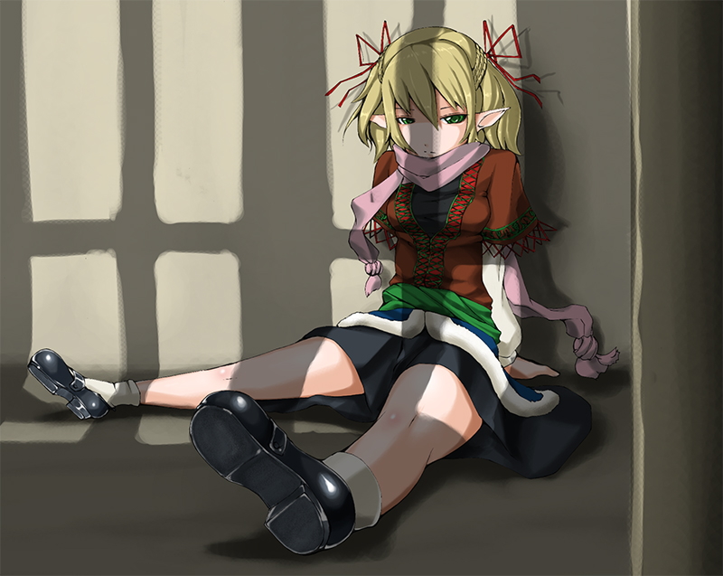 blonde_hair expressionless green_eyes marubonman mizuhashi_parsee pointy_ears scarf short_hair sitting touhou window_shade