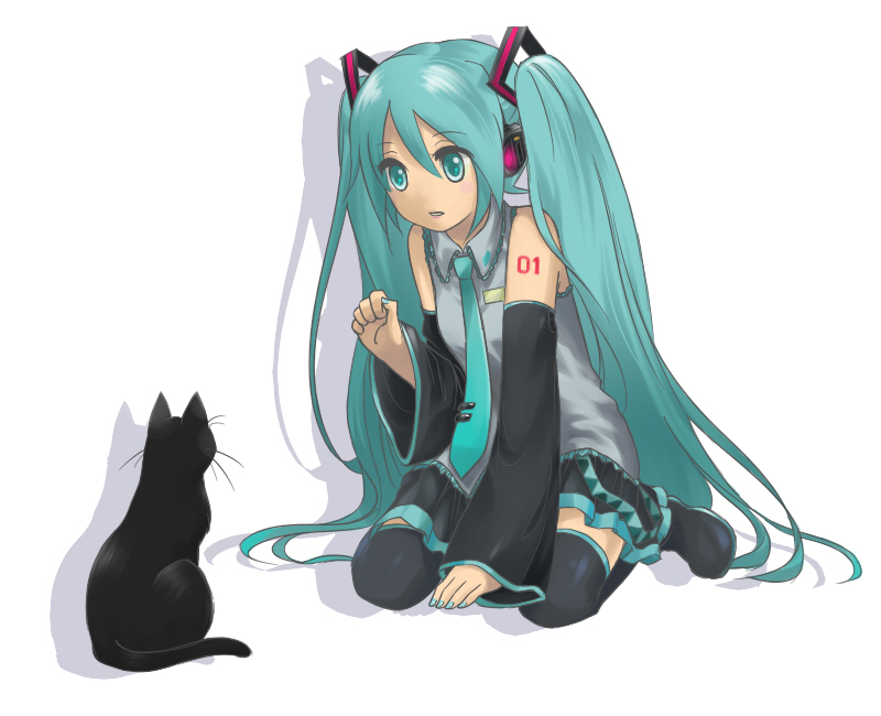 aqua_hair cat detached_sleeves hatsune_miku long_hair necktie shie_(jackmarumaru) simple_background sitting skirt thigh-highs thighhighs twintails very_long_hair vocaloid