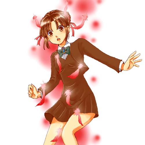 blazer brown_hair double_bun feather fushigi_yuugi miniskirt school_uniform yuuki_miaka