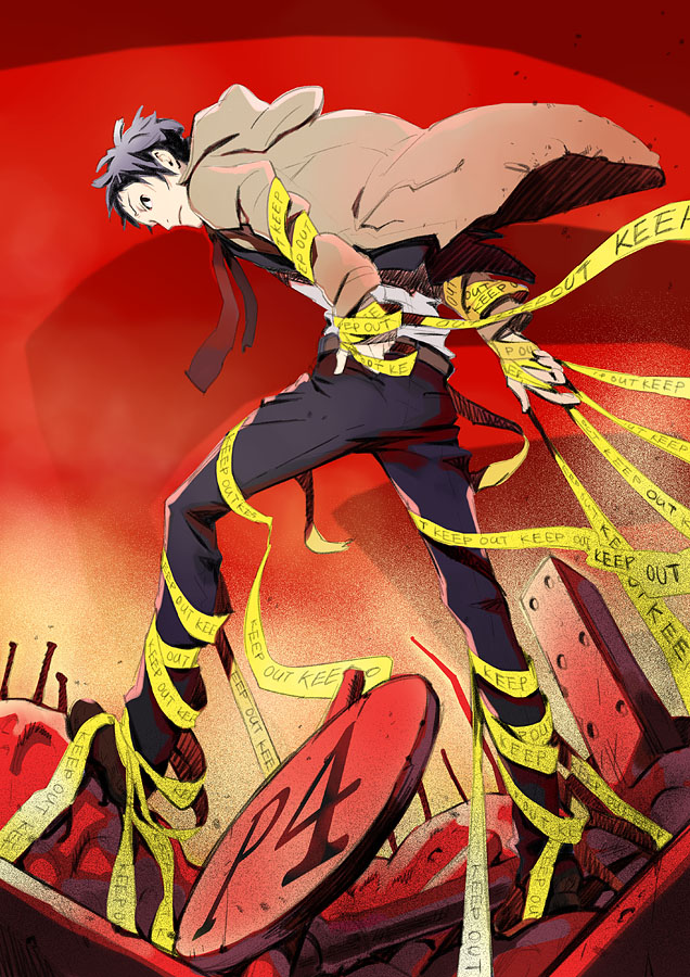 adachi_tohru adachi_tooru bdsm belt black_hair bondage business_suit caution_tape formal ginsyari jacket leaning_forward looking_back male messy_hair necktie persona persona_4 police_tape profile red ribbon ribbon_bondage shoes short_hair solo standing suit wind