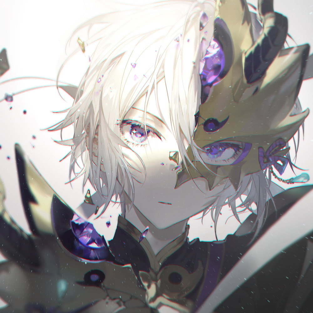 1boy armor bangs bishounen blurry broken_mask chromatic_aberration closed_mouth commentary_request depth_of_field duplicate eyelashes fate/grand_order fate_(series) hair_between_eyes half_mask head_tilt looking_at_viewer male_focus mask photoshop_(medium) pixel-perfect_duplicate portrait prince_of_lan_ling_(fate) rella shards simple_background solo violet_eyes white_background white_hair