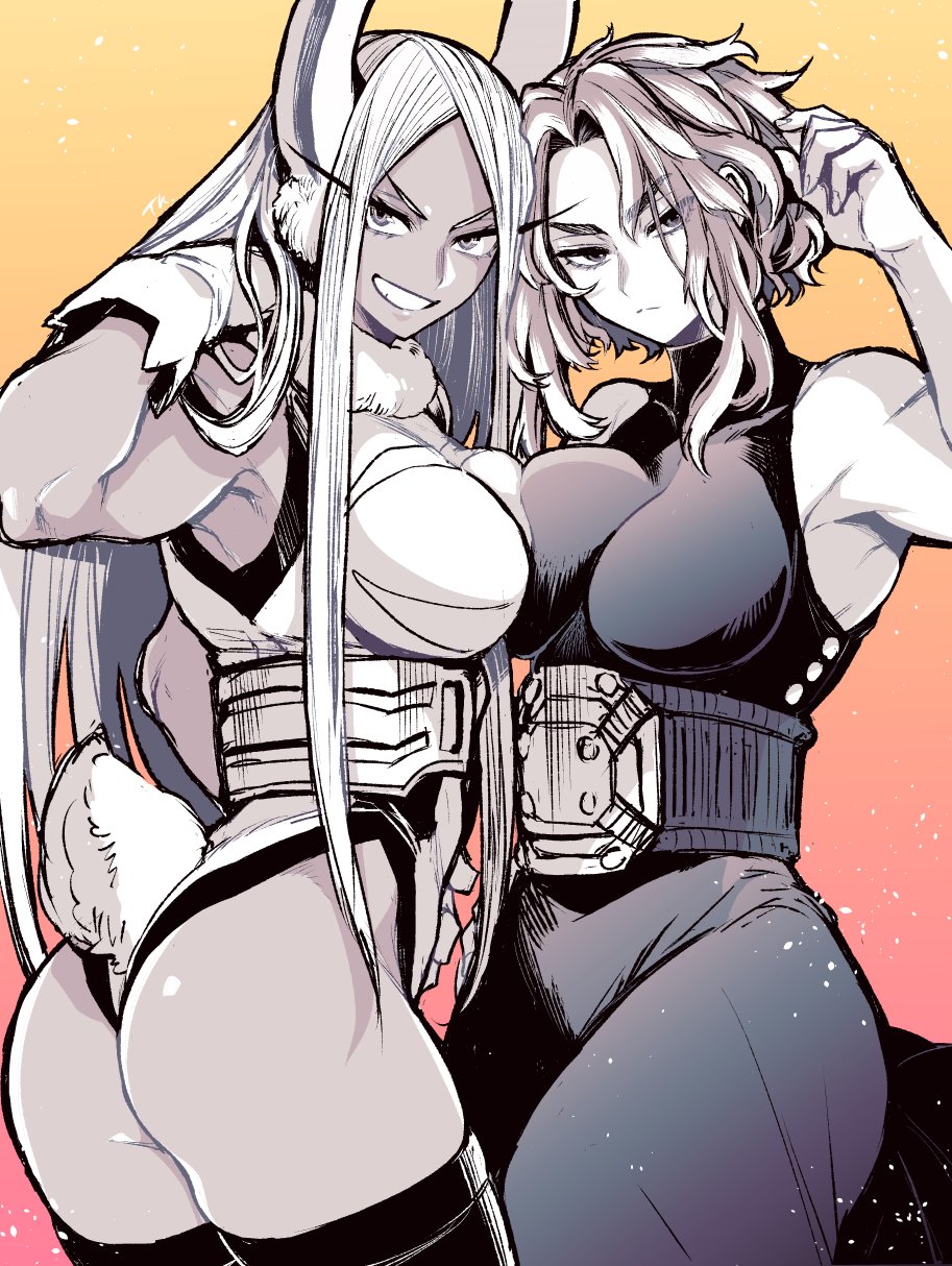 2girls animal_ears ass bare_shoulders boku_no_hero_academia breast_press breasts dark-skinned_female dark_skin dress greyscale grin highres lady_nagant large_breasts limited_palette long_hair looking_at_viewer looking_back medium_hair messy_hair mirko monochrome multiple_girls muscular muscular_female pink_background rabbit_ears rabbit_girl rabbit_tail sleeveless sleeveless_dress smile solo spot_color superhero symbol-only_commentary tail takatsuki_ichi thigh-highs two-tone_background white_hair yellow_background