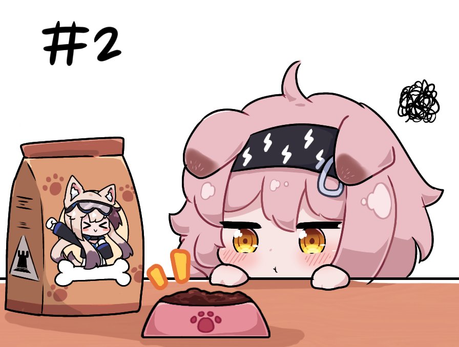 &gt;_&lt; 1girl :t ahoge animal_ears arknights bangs black_hairband blush bowl cameo cardigan_(arknights) cat_ears chibi closed_mouth commentary english_commentary goldenglow_(arknights) hairband kurotofu lightning_bolt_print pet_bowl pet_food pout simple_background solo squiggle table white_background yellow_eyes