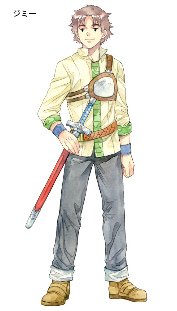 1boy agahari bangs black_pants brown_hair chest_guard full_body holding holding_sword holding_weapon legs_apart long_sleeves looking_at_viewer lost_technology male_focus non-web_source pants pants_rolled_up popped_collar shoes short_hair simple_background smile solo standing sword weapon white_background wristband yellow_footwear