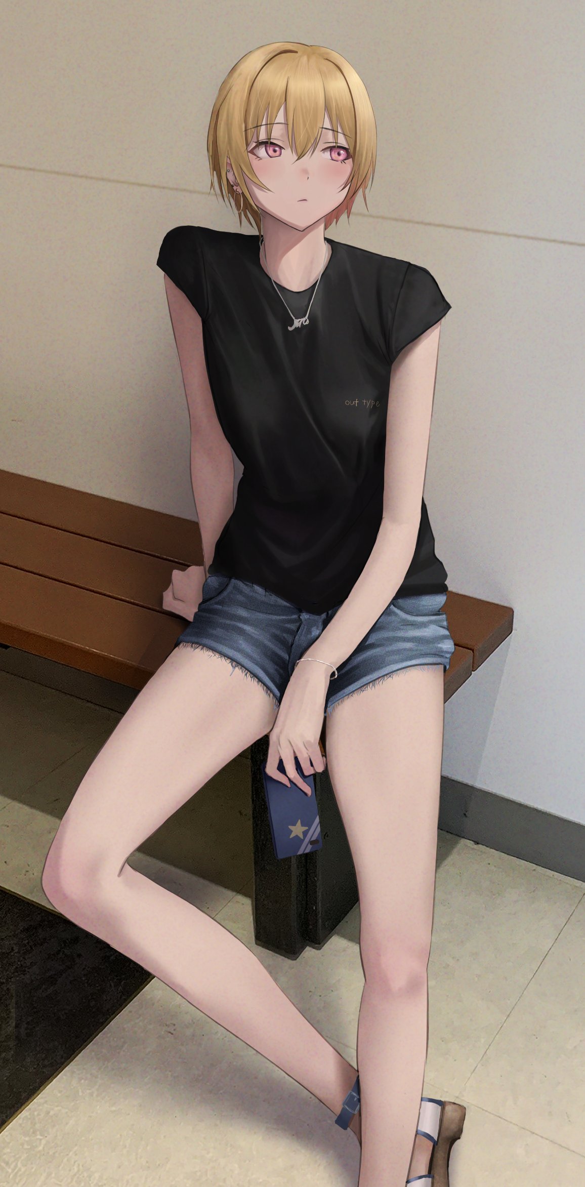 1girl arm_support bare_legs black_shirt blonde_hair blush cellphone denim denim_shorts expressionless hair_between_eyes highres holding holding_phone idolmaster idolmaster_shiny_colors jewelry looking_afar necklace on_bench outtypeex phone saijou_juri shirt short_hair short_shorts shorts sitting solo