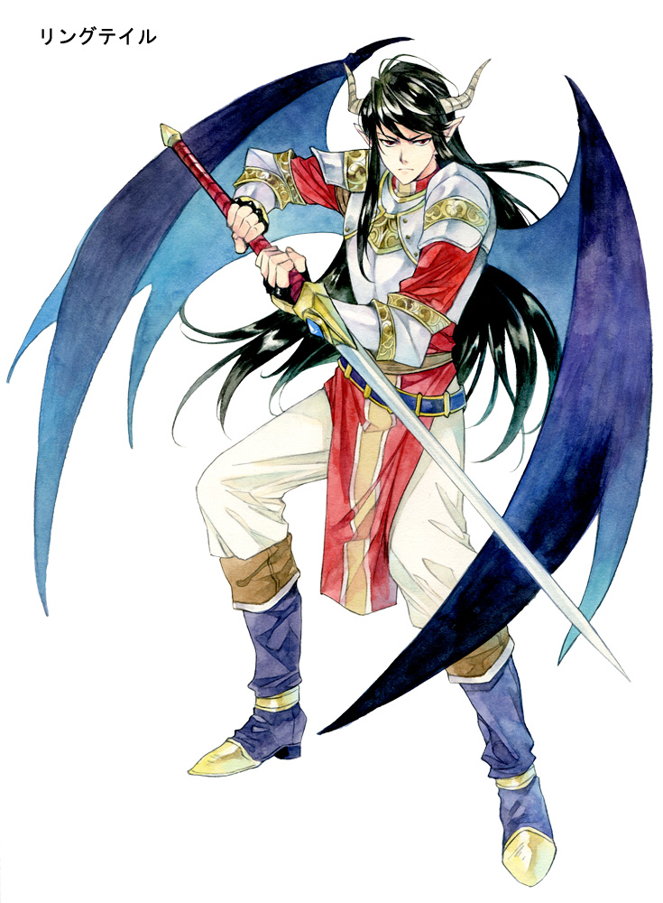 1boy agahari armor bangs belt black_hair boots breastplate demon_boy demon_horns demon_wings fighting_stance frown full_body furrowed_brow holding holding_sword holding_weapon horns knee_boots legs_apart long_hair looking_at_viewer lost_technology male_focus non-web_source pants pauldrons purple_wings shoulder_armor simple_background solo squatting standing sword tabard two-handed vambraces very_long_hair weapon white_background wings
