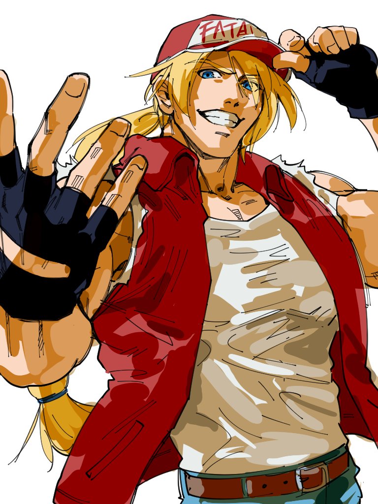 1boy beef_stew belt blonde_hair blue_eyes fatal_fury fatal_fury_cap fingerless_gloves gloves jacket ponytail sleeveless terry_bogard the_king_of_fighters