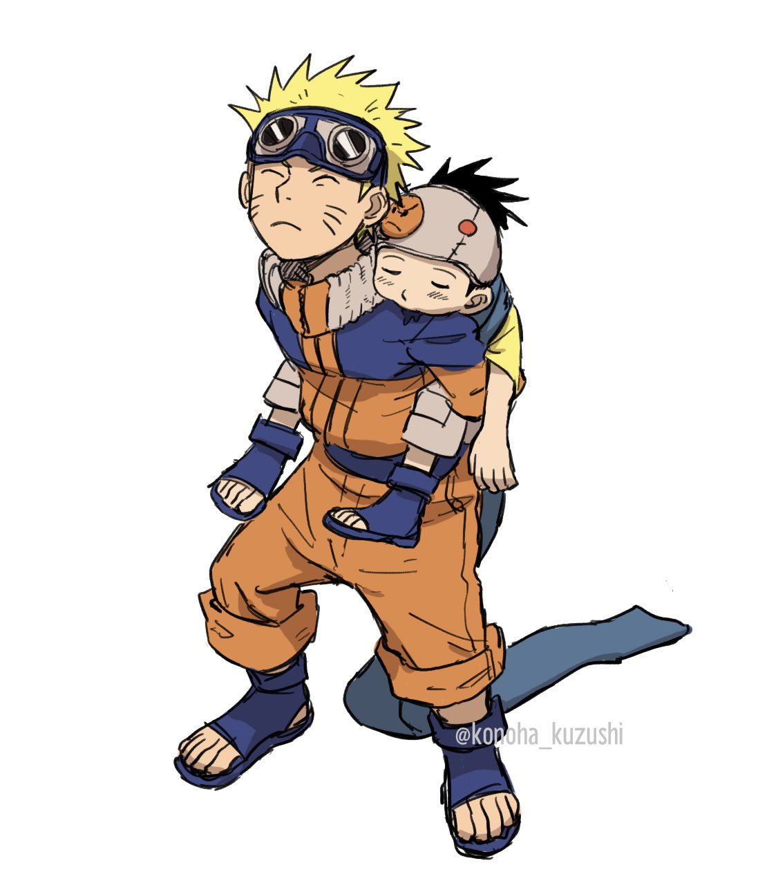 2boys blonde_hair carrying character_request child_carry closed_eyes commentary_request facial_mark forehead_protector highres konoha_kuzushi long_sleeves male_focus multiple_boys naruto_(series) piggyback short_hair simple_background spiky_hair uzumaki_naruto whisker_markings white_background