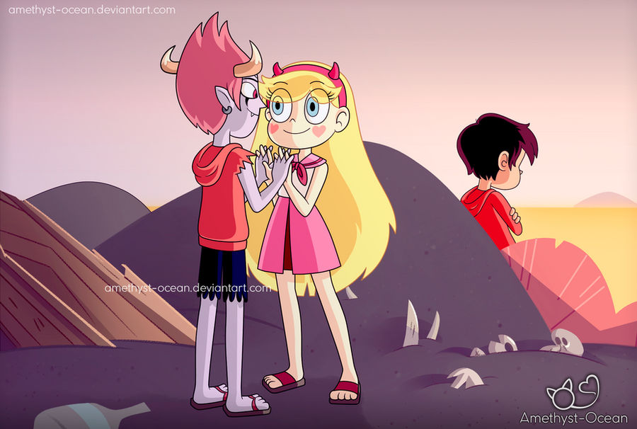 1girl 2boys blonde_hair blue_eyes brown_hair couple marco_diaz red_eyes redhead star_butterfly star_vs_the_forces_of_evil tom_lucitor