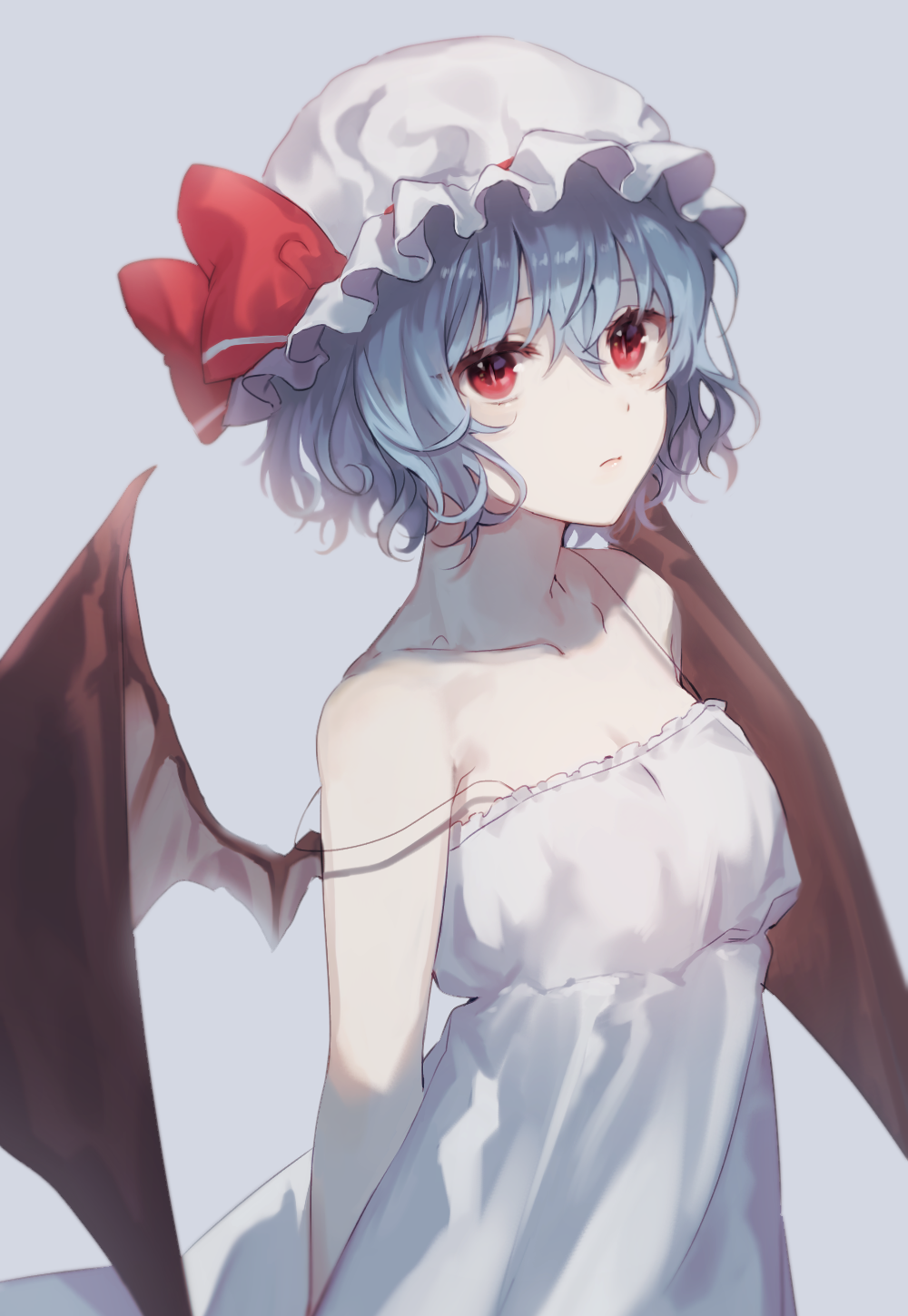 1girl ap5ry arms_at_sides bangs bare_shoulders bat_wings blue_hair bow closed_mouth collarbone commentary_request expressionless eyelashes grey_background hat hat_bow hat_ribbon highres lingerie looking_at_viewer mob_cap negligee red_bow red_eyes red_ribbon remilia_scarlet ribbon shiny shiny_hair short_hair simple_background slit_pupils solo standing touhou underwear white_headwear wings
