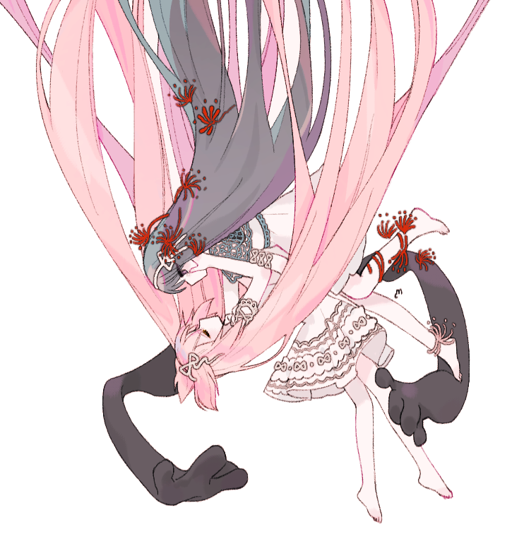 2girls absurdly_long_hair akemi_homura akuma_homura bare_legs barefoot black_hair closed_eyes commentary_request dress falling flower goddess_madoka hair_ribbon hairband hands_on_another's_cheeks hands_on_another's_face kaname_madoka long_hair looking_at_another mahou_shoujo_madoka_magica multiple_girls pastel_colors pink_hair reaching_out red_flower ribbon short_sleeves simple_background spider_lily u_emper very_long_hair violet_eyes white_background white_dress white_hairband white_ribbon