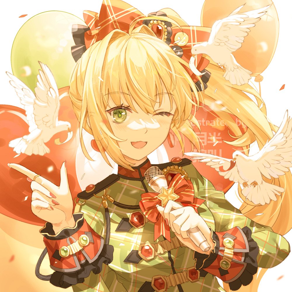 1girl ;d ahoge animal balloon bangs bird blonde_hair braid breasts fate/grand_order fate_(series) french_braid green_eyes green_shirt hair_between_eyes hair_intakes hair_ornament jewelry large_breasts long_hair long_sleeves looking_at_viewer nero_claudius_(fate) nero_claudius_(fate/extra) nero_claudius_(lostroom_outfit)_(fate) official_alternate_costume one_eye_closed open_mouth orange_skirt red_nails shirt side_ponytail skirt smile solo teatix upper_body