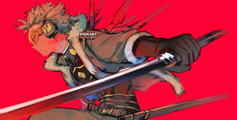 1boy artist_name belt blonde_hair blush boku_no_hero_academia closed_mouth from_side fur-trimmed_jacket fur_trim glasses gloves hawks_(boku_no_hero_academia) holding holding_sword holding_weapon jacket kadeart katana long_sleeves looking_afar male_focus pants red_background short_hair simple_background solo sword weapon