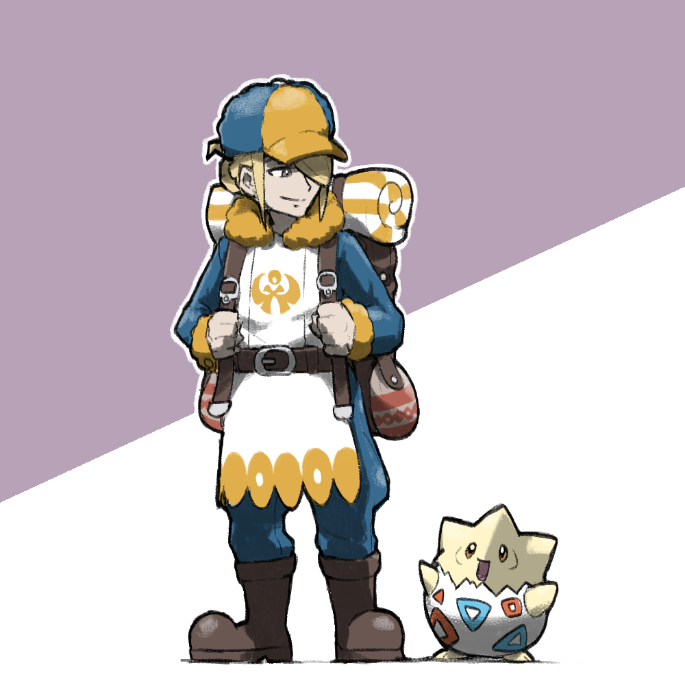 backpack belt belt_buckle blacknirrow blonde_hair brown_shoes eye_contact ginkgo_guild_uniform hair_over_one_eye hat multicolored_hat open_mouth pokemon pokemon_(creature) pokemon_(game) pokemon_legends:_arceus smile togepi two-tone_background violet_background volo_(pokemon)