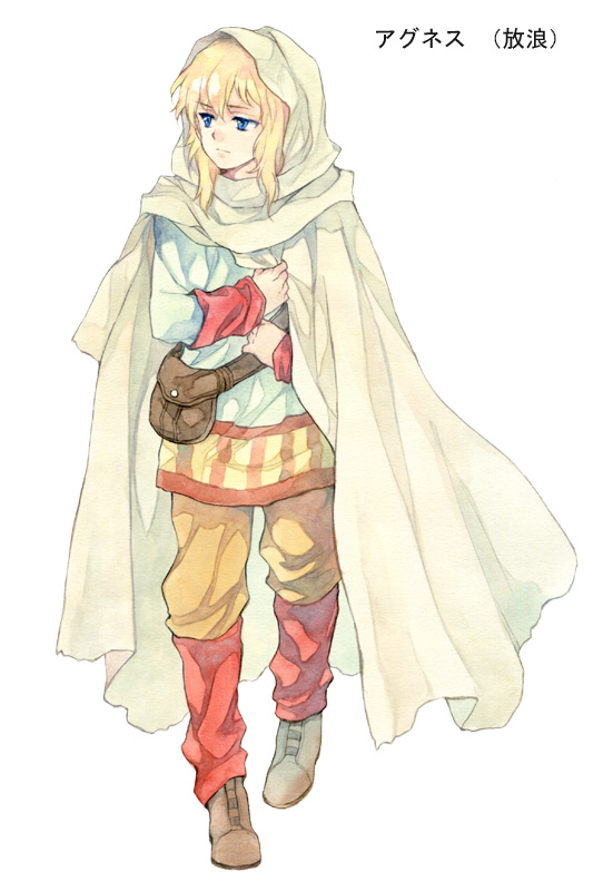 1girl agahari bag bangs blonde_hair cape cloak full_body hood hood_up hooded_cloak leg_warmers long_sleeves looking_away looking_to_the_side lost_technology non-web_source pants shoes sidelocks simple_background solo walking white_background white_cape