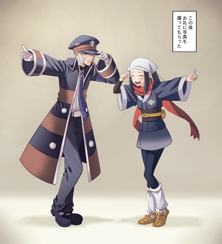 1boy 1girl :d akari_(pokemon) belt_buckle black_coat black_footwear black_hair black_headwear black_legwear black_shirt blush brown_footwear buckle closed_eyes closed_mouth coat green_(gurin) grey_eyes grey_hair grey_jacket grey_skirt hat head_scarf high_collar ingo_(pokemon) jacket long_hair loose_socks necktie open_clothes open_coat open_mouth outstretched_arm pants pantyhose pointing pokemon pokemon_(game) pokemon_bw pokemon_legends:_arceus ponytail sash shirt shoes short_hair sideburns sidelocks skirt smile standing striped_coat teeth translation_request upper_teeth white_headwear white_legwear white_shirt