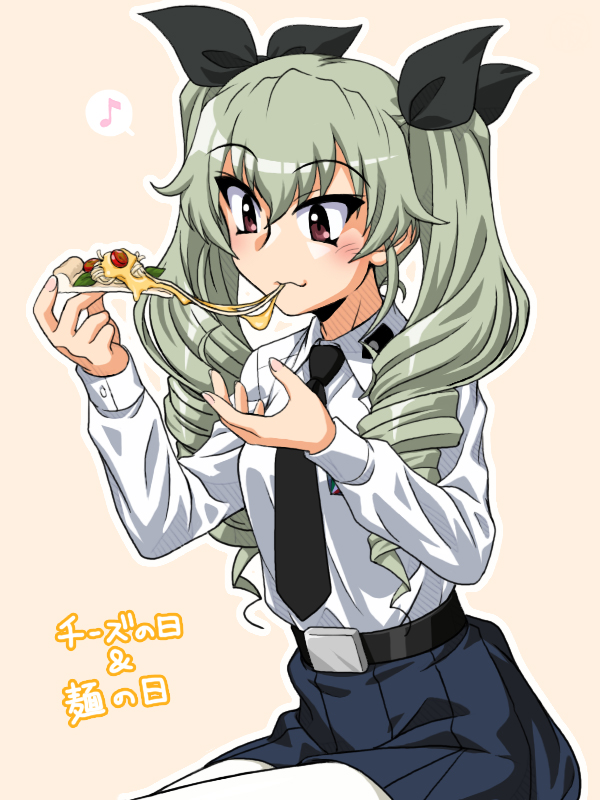 1girl anchovy_(girls_und_panzer) anzio_school_uniform bangs beige_background belt black_belt black_neckwear black_ribbon black_skirt closed_mouth commentary_request dress_shirt drill_hair eating eighth_note emblem eyebrows_visible_through_hair food girls_und_panzer green_hair hair_ribbon holding holding_food long_hair long_sleeves miniskirt musical_note necktie oosaka_kanagawa outline pantyhose partial_commentary pizza pizza_slice pleated_skirt red_eyes ribbon school_uniform shirt simple_background sitting skirt smile solo spoken_musical_note translated twin_drills twintails white_legwear white_outline white_shirt wing_collar